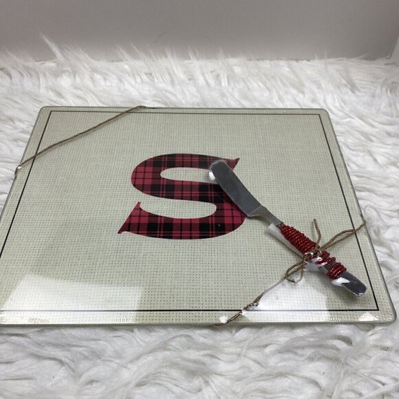 NEW Buffalo Plaid Monogram "S" Cheese Plate 8" W x 10" L Christmas - Picture 1 of 4